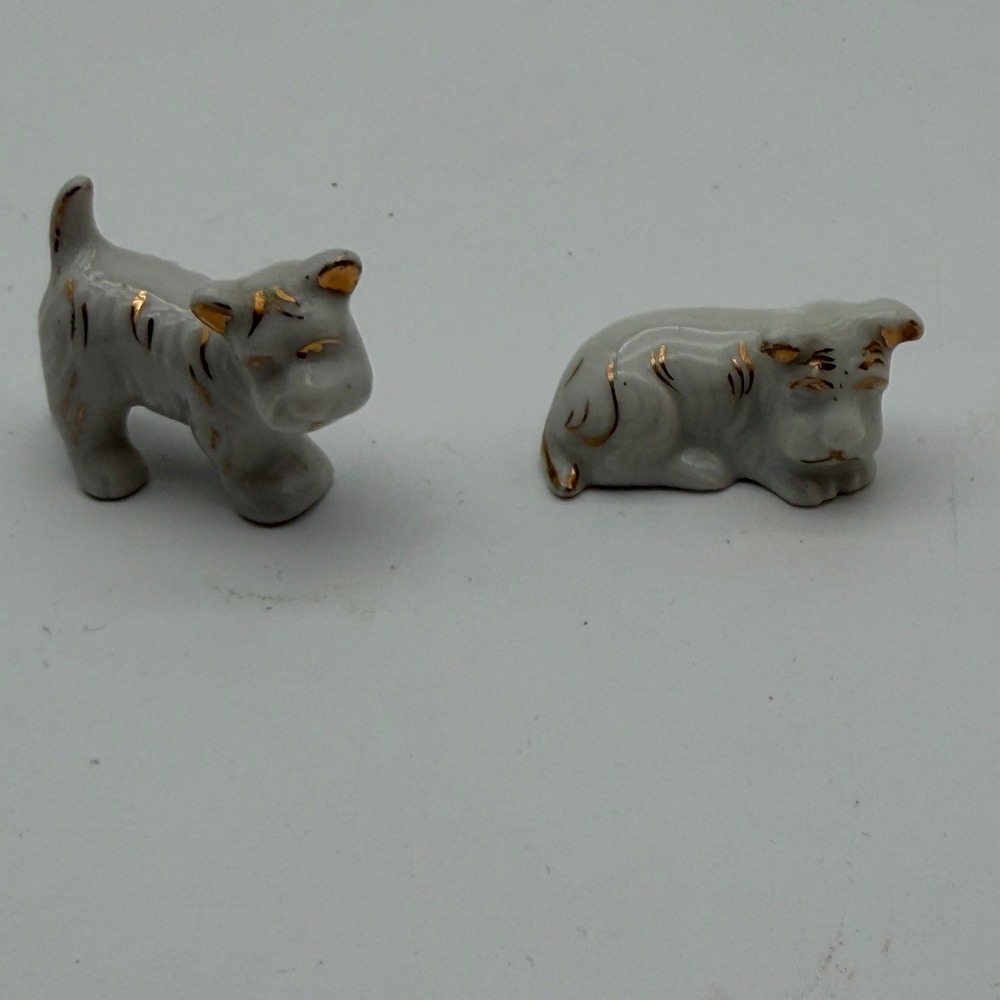 Vintage Japan Porcelain Miniature Scottie Dog Figurines Gray Gold Trim Set of 2